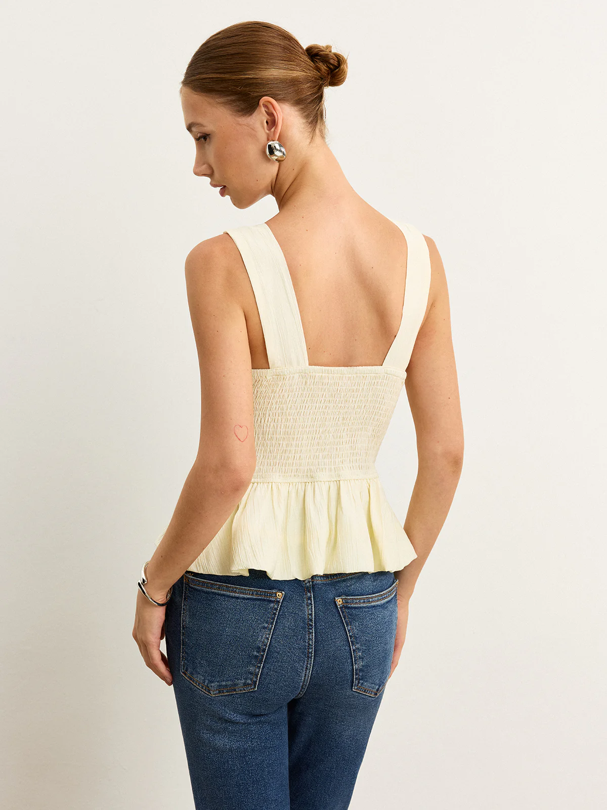 Bow-Detail Ruched Top with Peplum Hem - Takermore