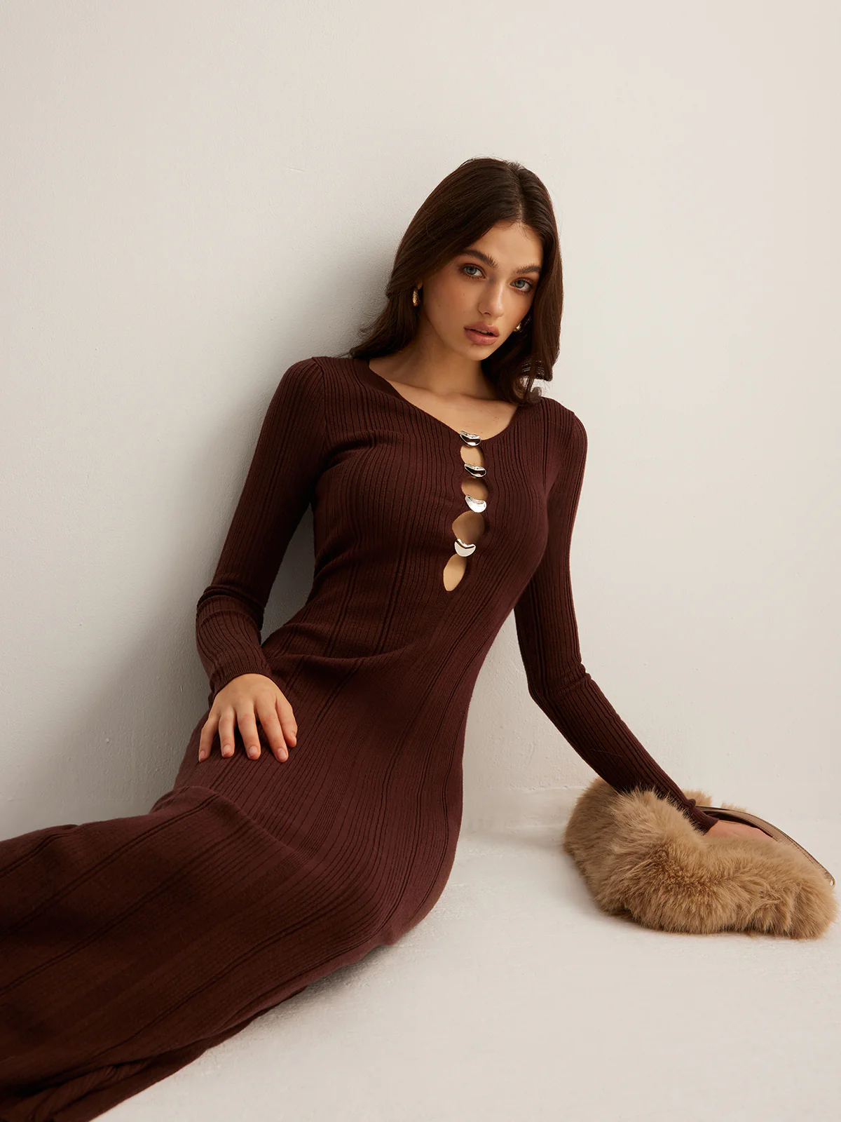 Cutout Slim Sweater Long Dress - Takermore