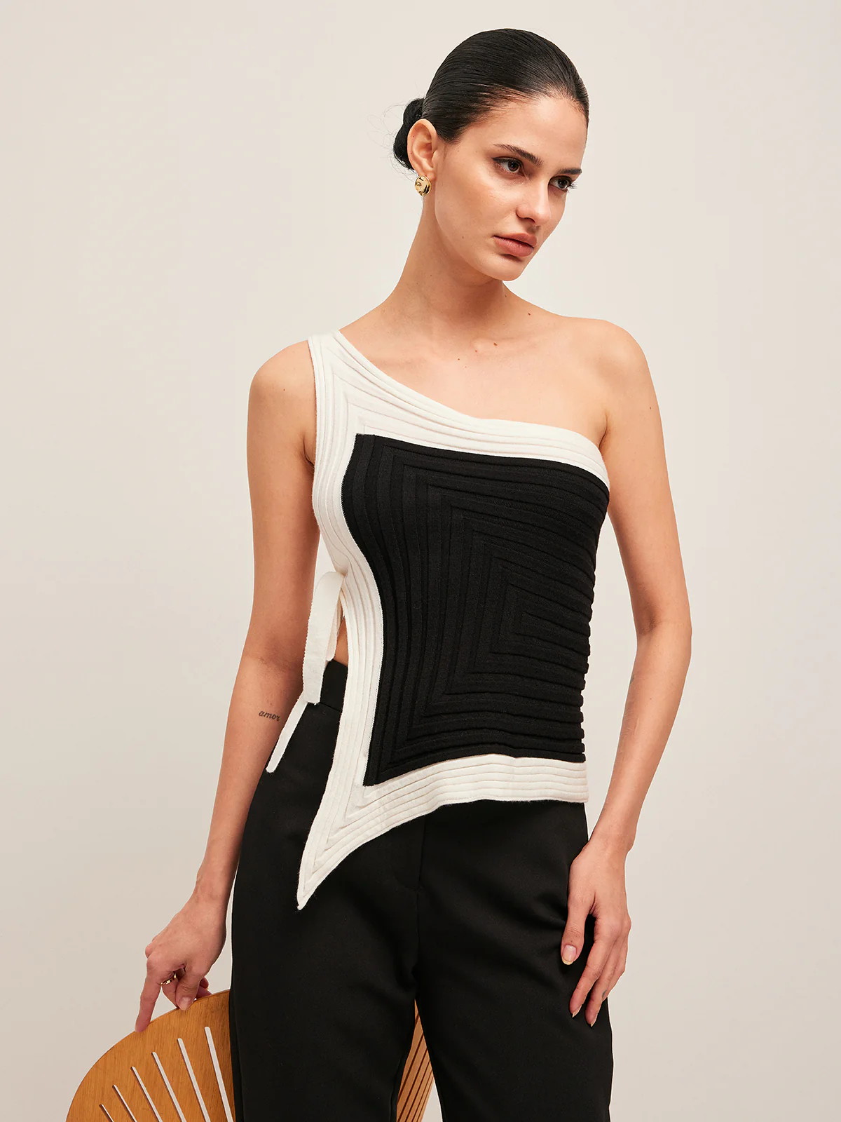 Asymmetrical Ribbed Side Tie Top - Takermore