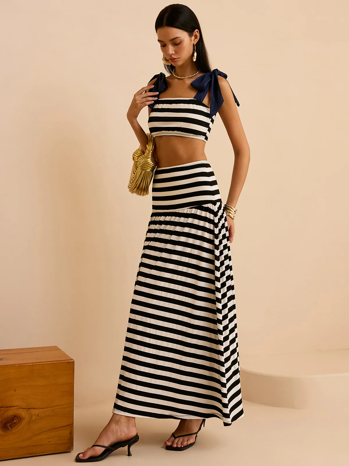 Striped Skirt Set with Bow Straps - Takermore
