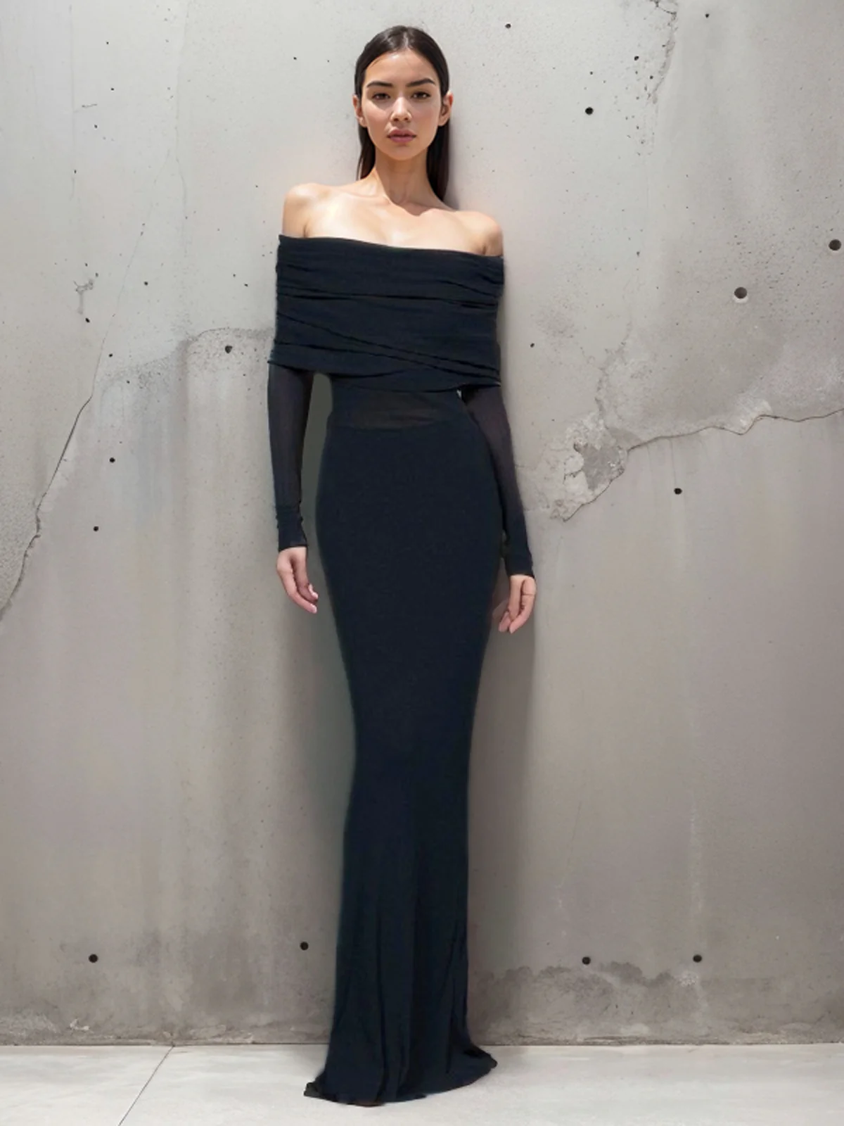 Semi-Sheer Off-Shoulder Mesh Long Sleeve Long Dress - Takermore