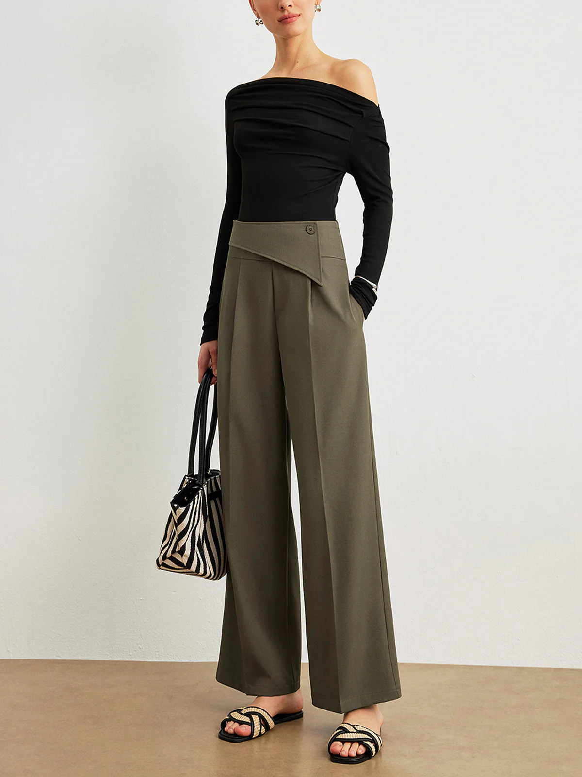 Mid-Waist Asymmetrical Design Pants - Takermore