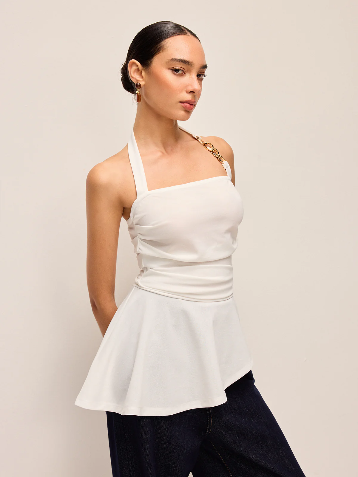 Halter Neck Peplum Top With Chain Detail - Takermore
