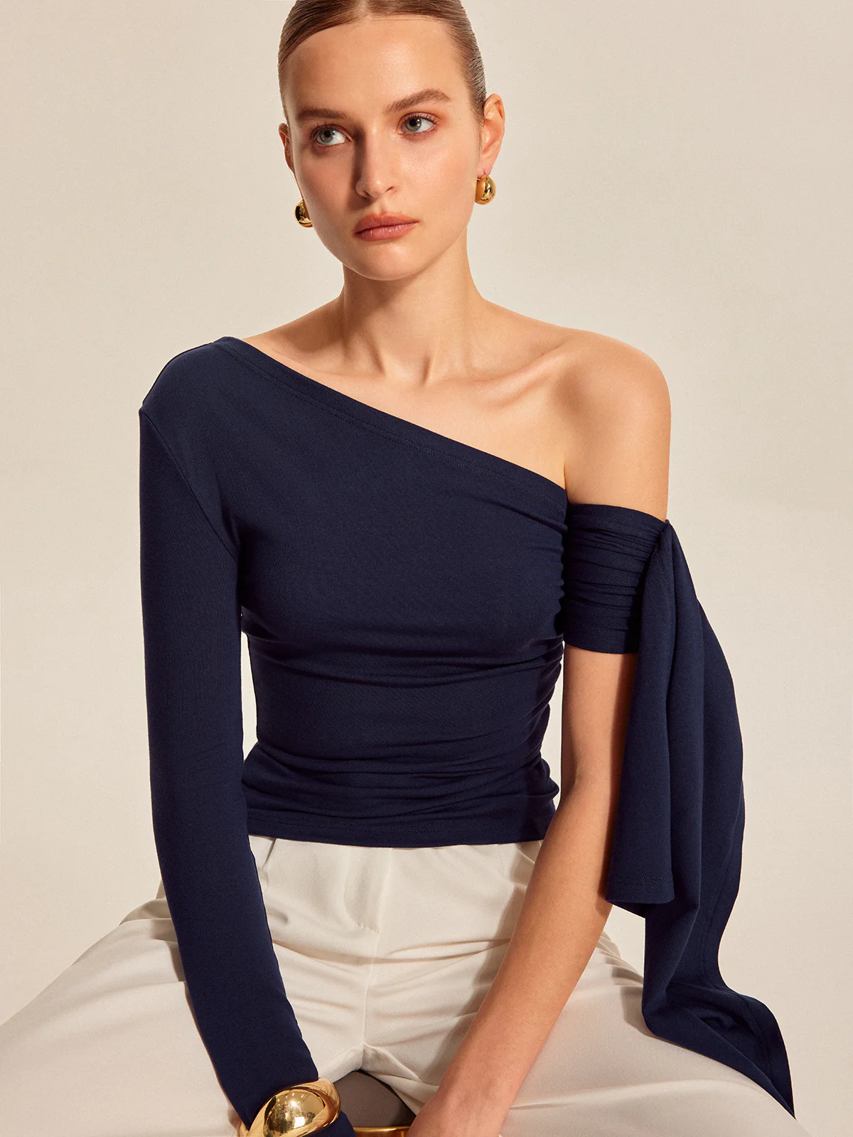 Asymmetrical Draped Sleeve Top - Takermore