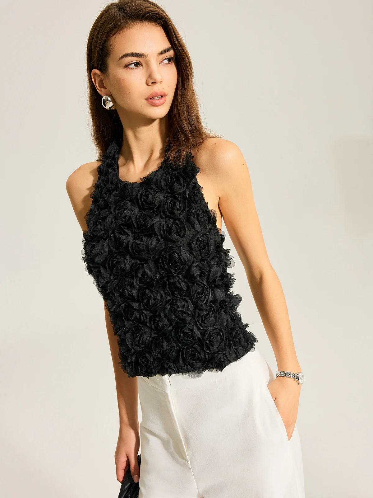 3D Floral Backless Bow Halter Top - Takermore