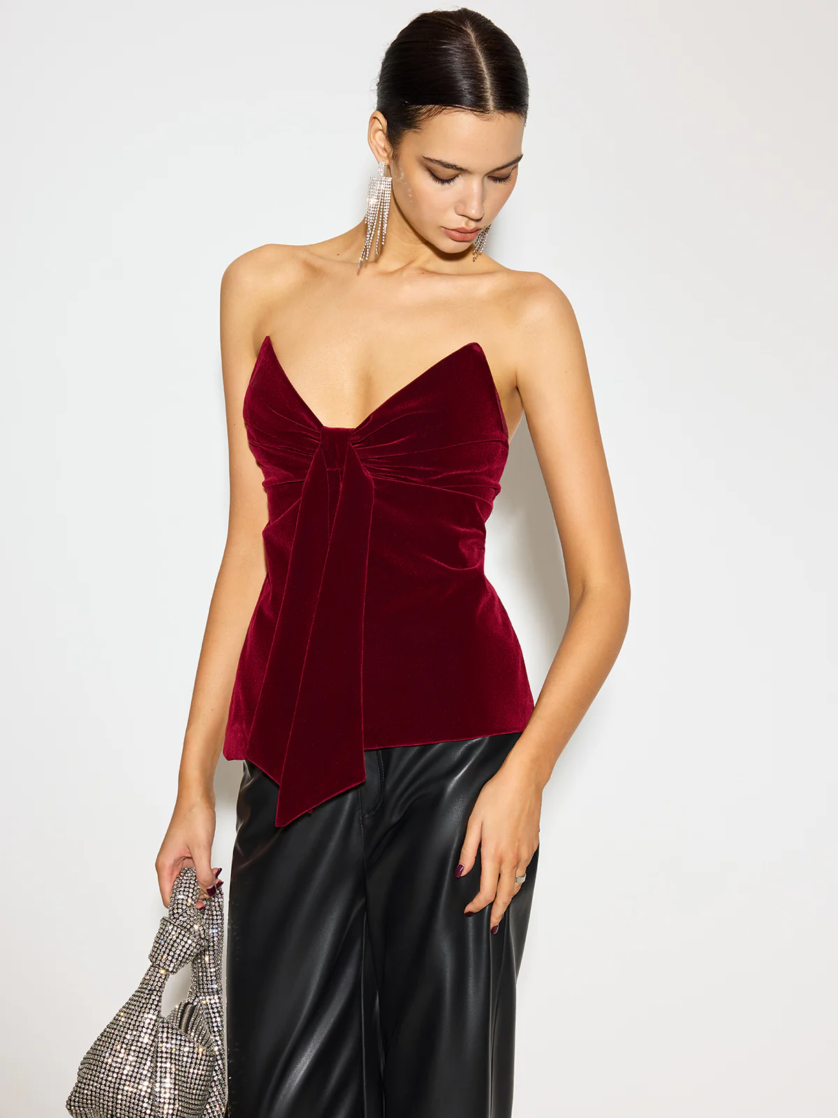Bow Front Velvet Zipper Tube Top - Takermore