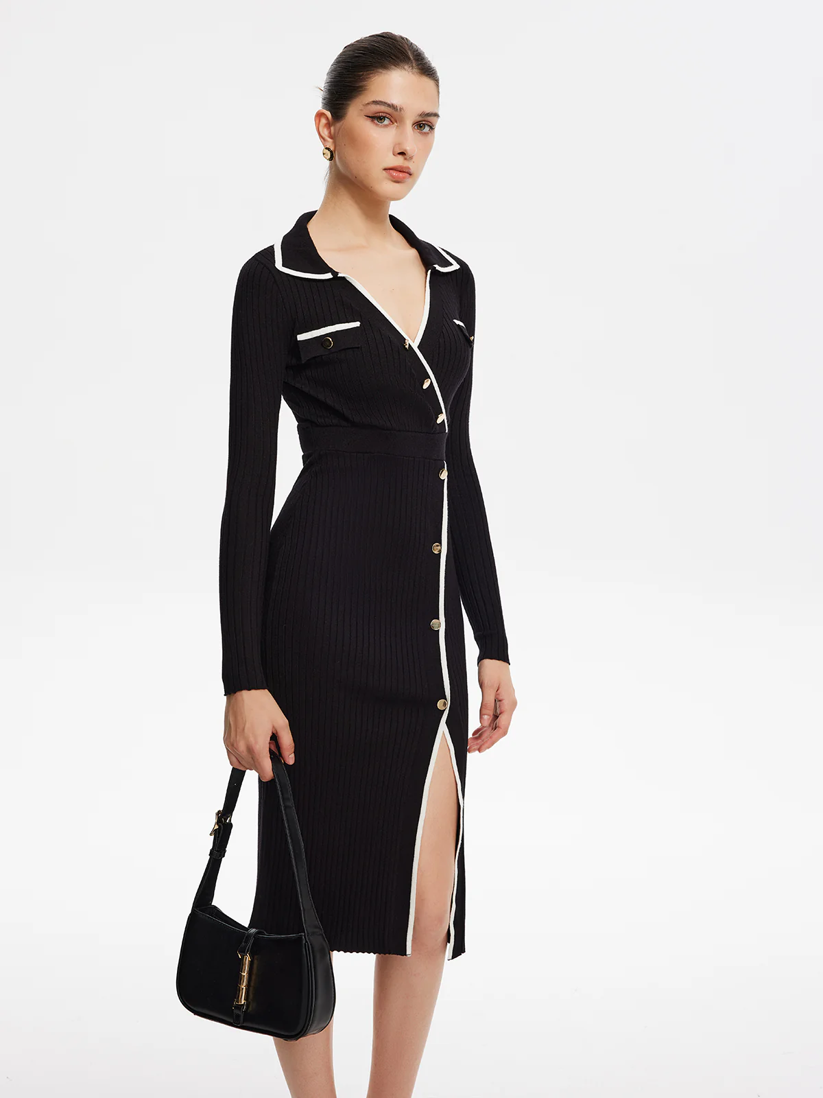 Contrast Trim Wrap Midi Knit Dress - Takermore