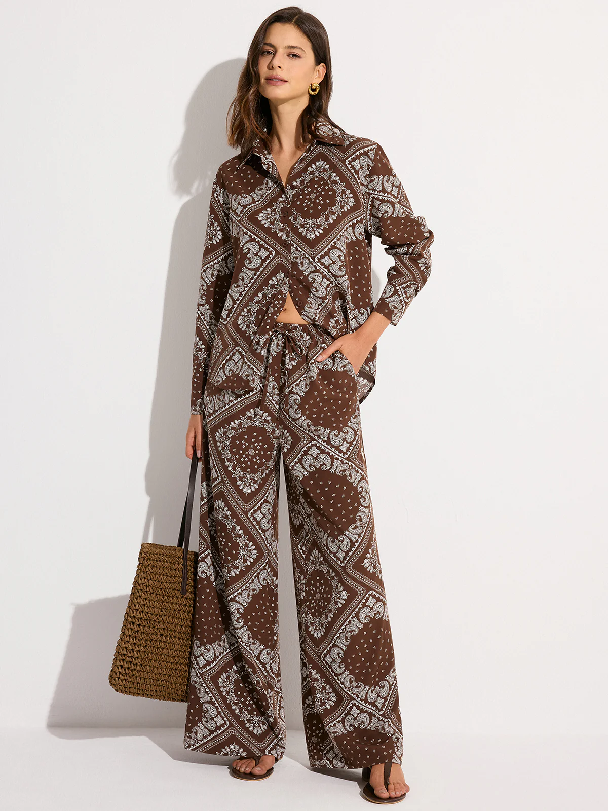Paisley Print Pocketed Wide-Leg Pants - Takermore