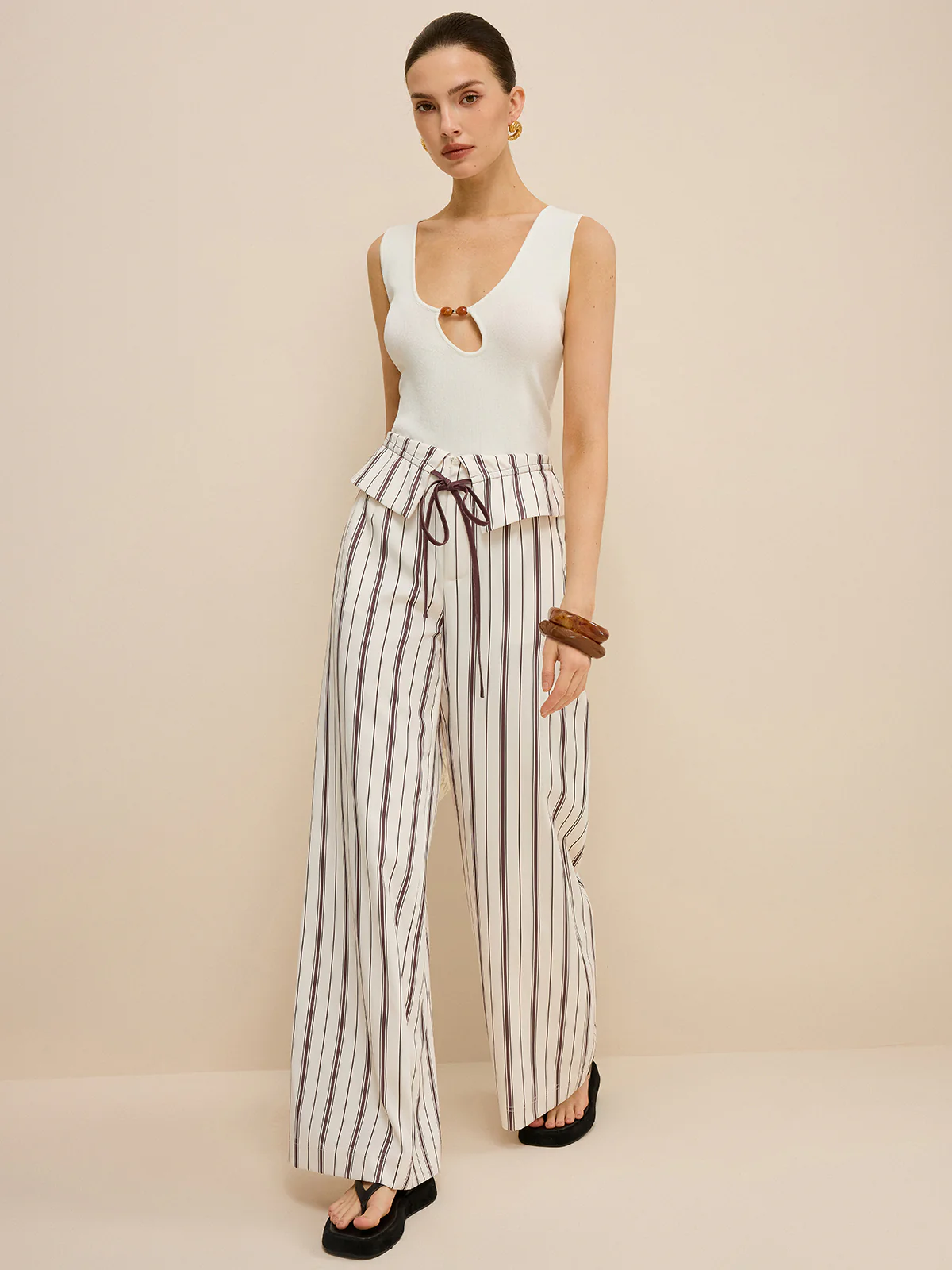 Striped Wide-Leg Pants with Peplum Waist - Takermore