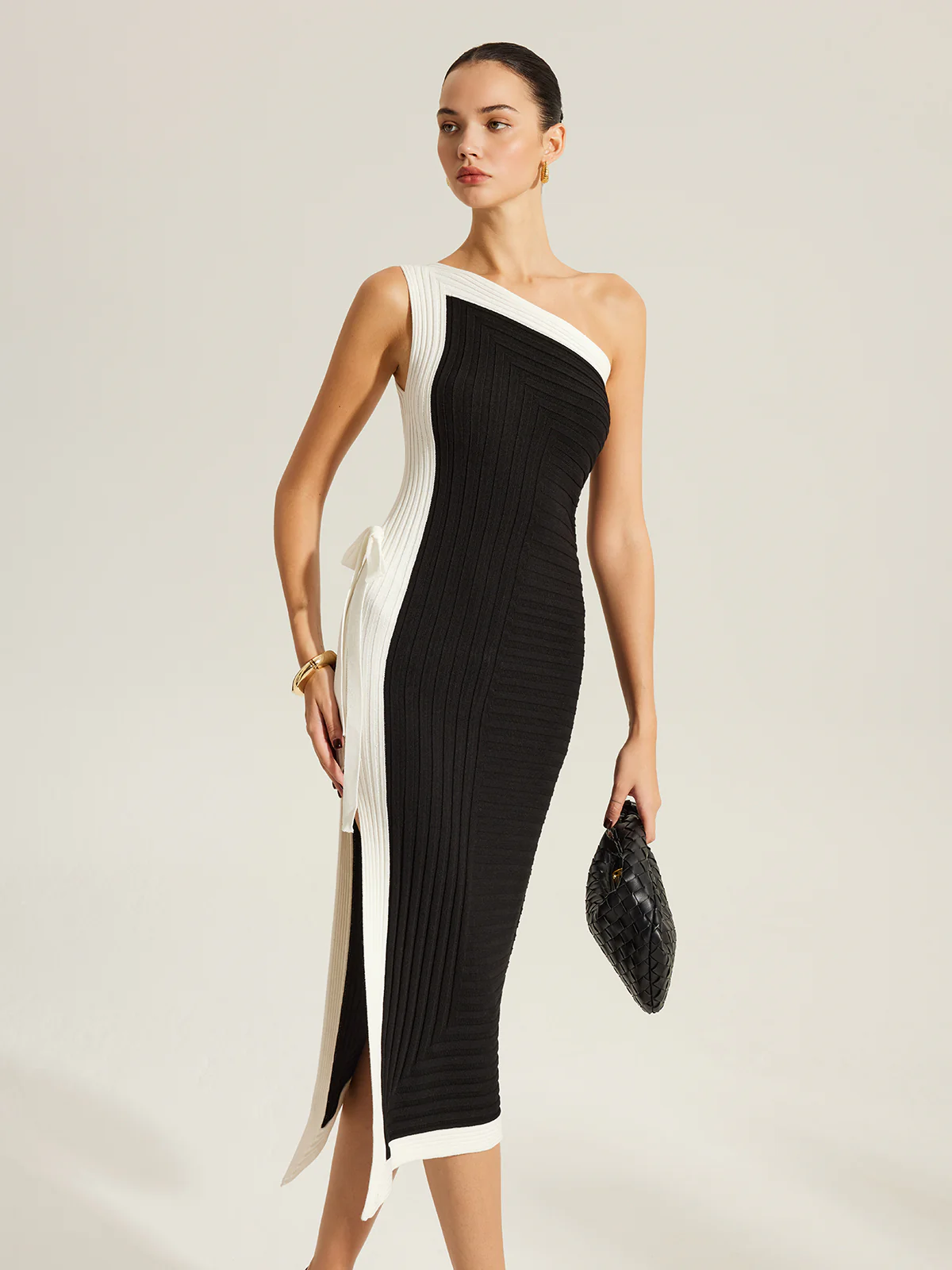 Side Tie Color-Block One-Shoulder Knit Dress - Takermore