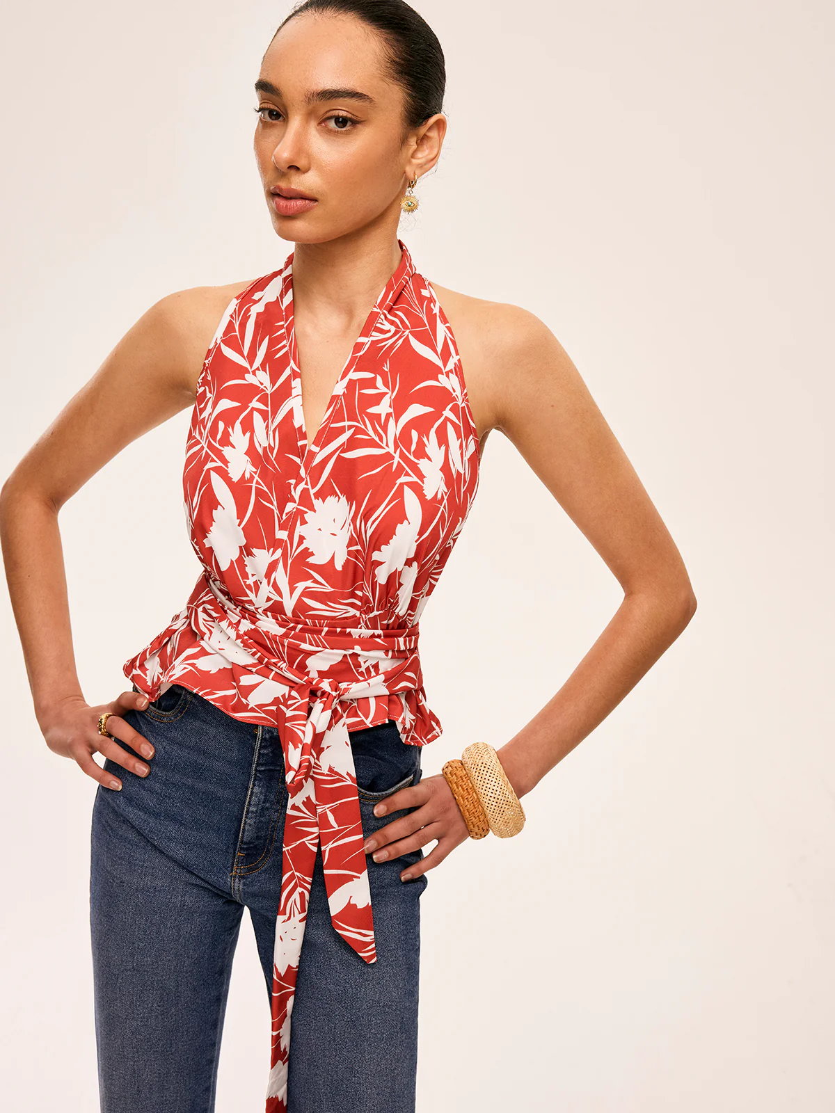 Floral Halter Neck Tie Waist Top - Takermore