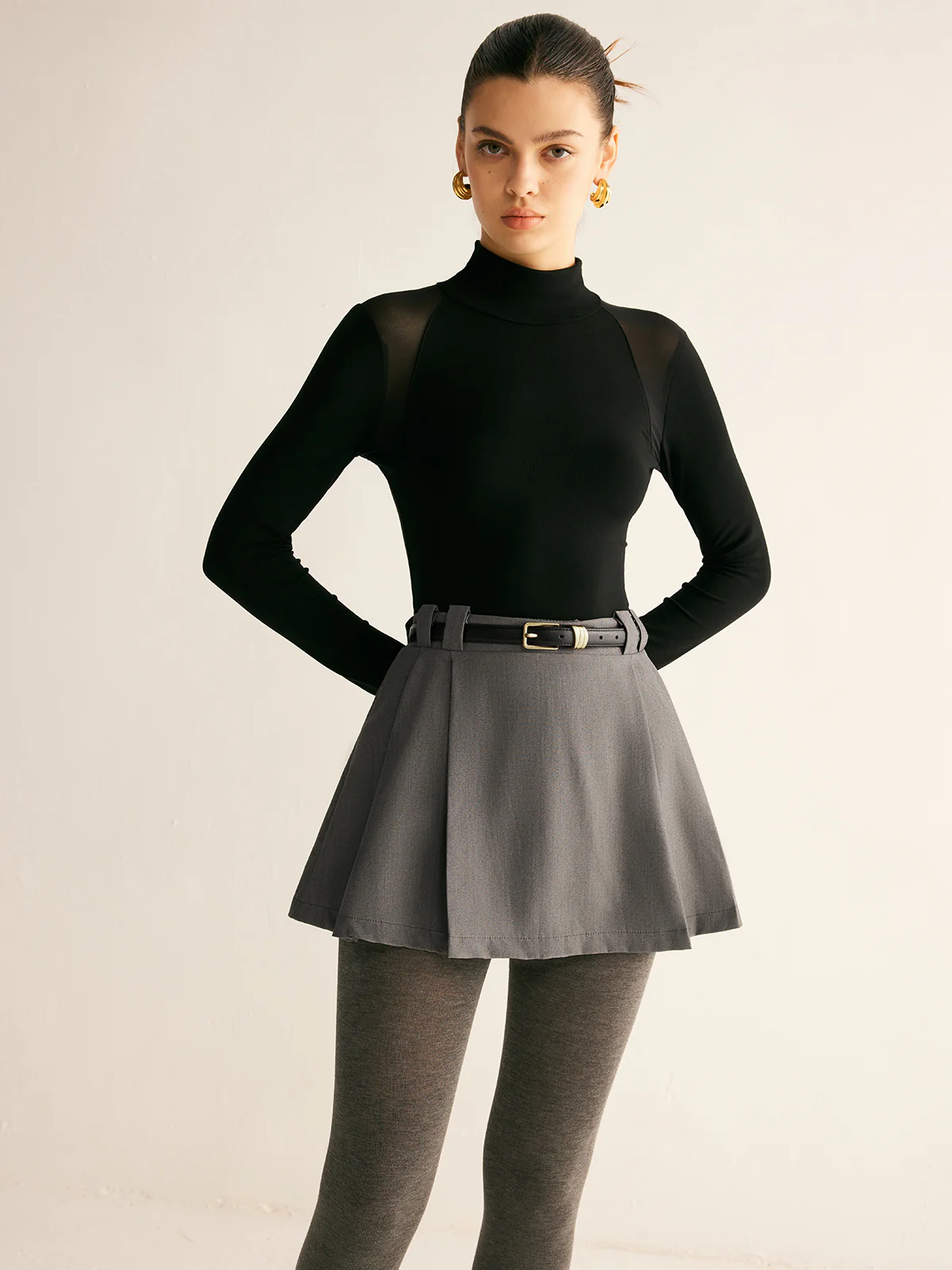 Pleated Suit Mini Skirt Without Belt - Takermore