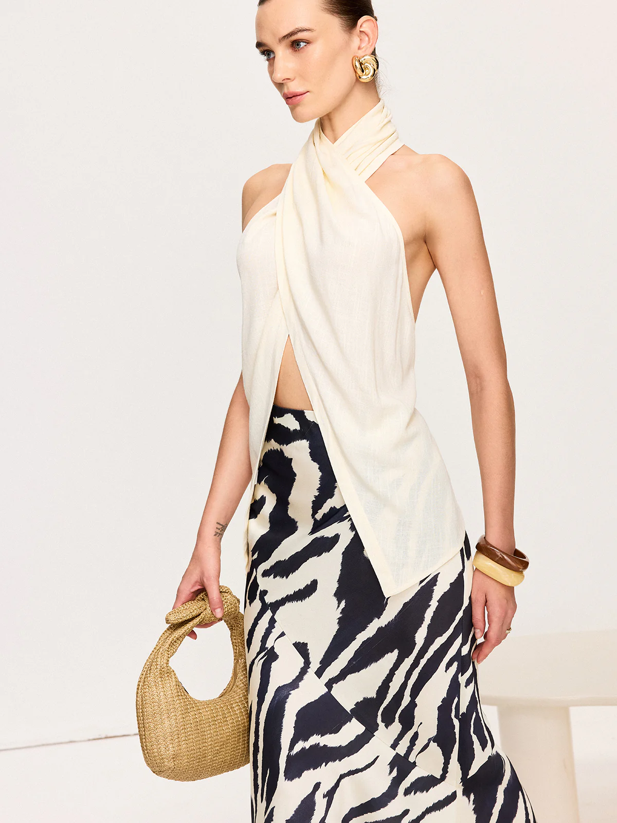 Cross-Halter Neck Wrap Top with Button Detail - Takermore