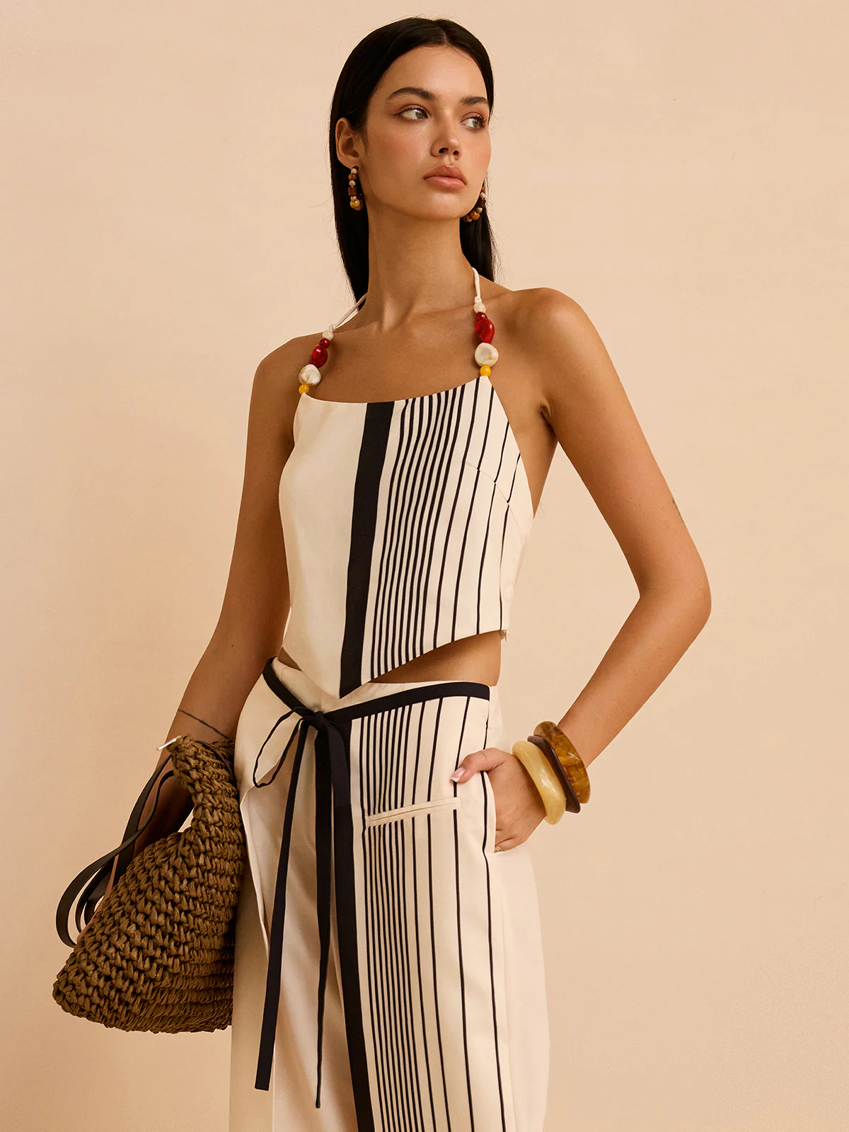 Striped Halter Top with Beaded Straps - Takermore