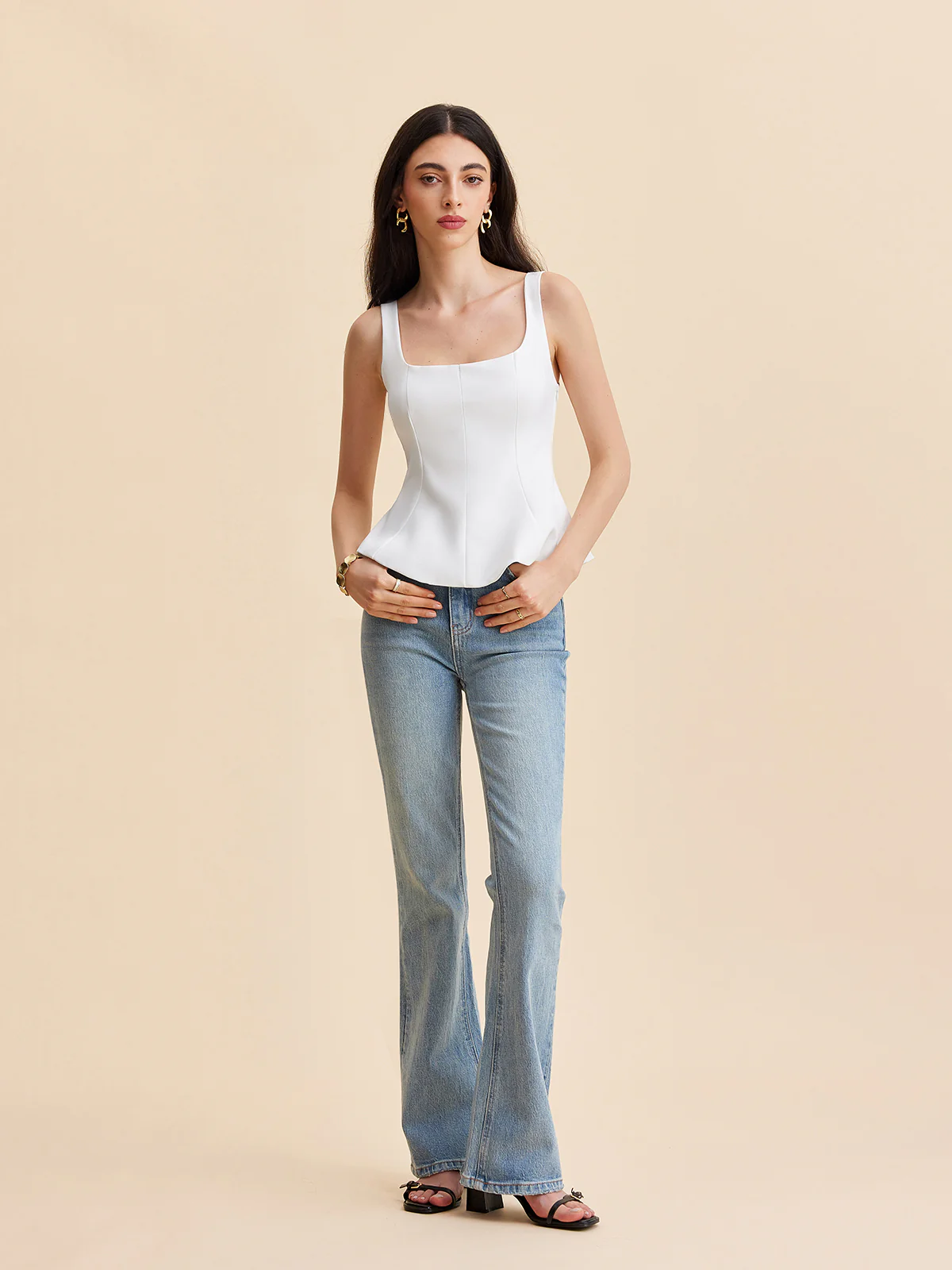 Square Neck Peplum Tank Top - Takermore