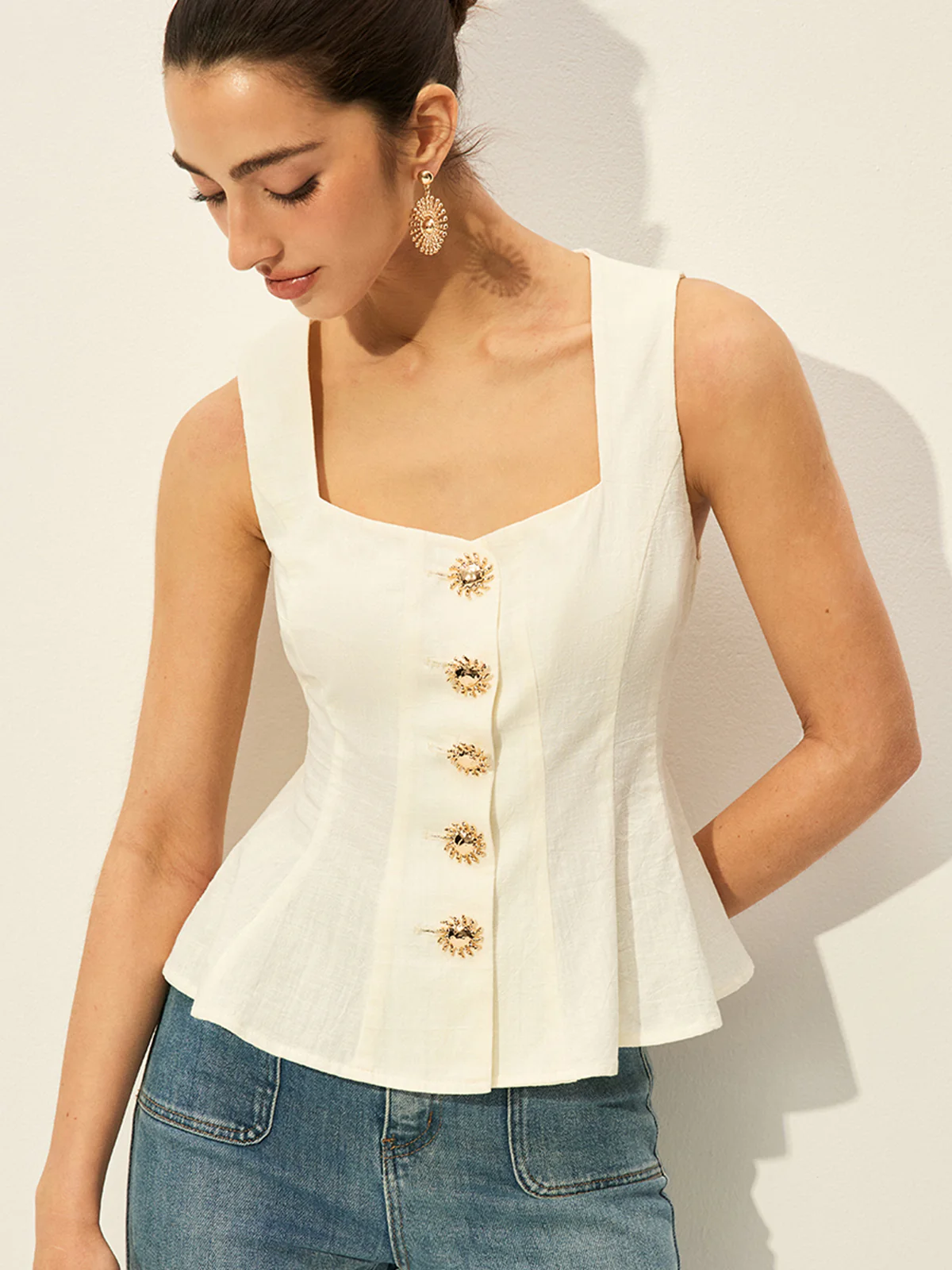 Square Neck Button-Front Peplum Top - Takermore