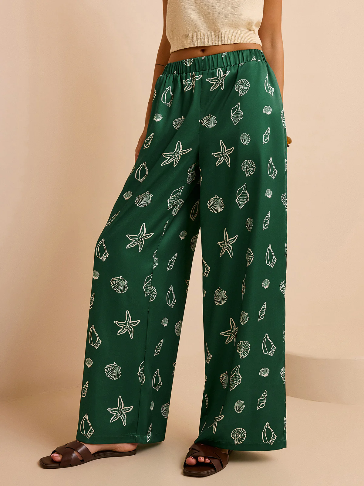 Oversized Mid-Waist Pants with Seashell and Starfish Prints - Takermore