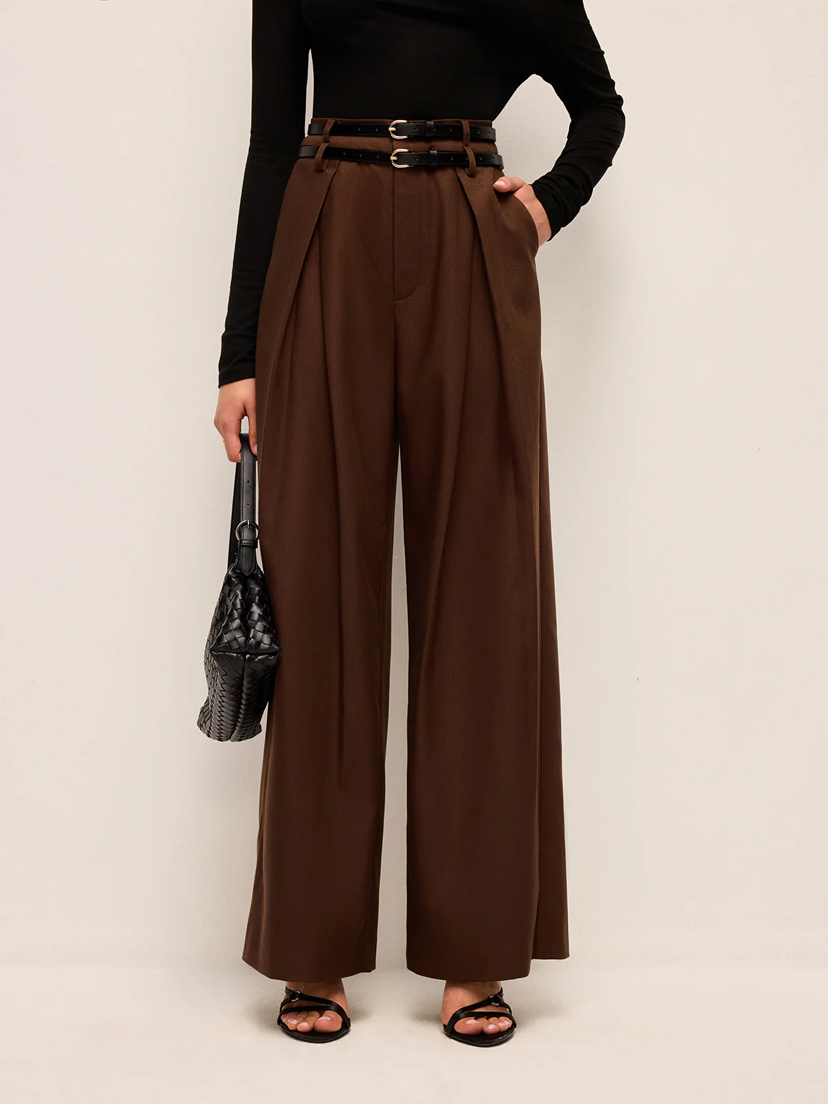High-Waist Wide-Leg Pants With Double Belts - Takermore