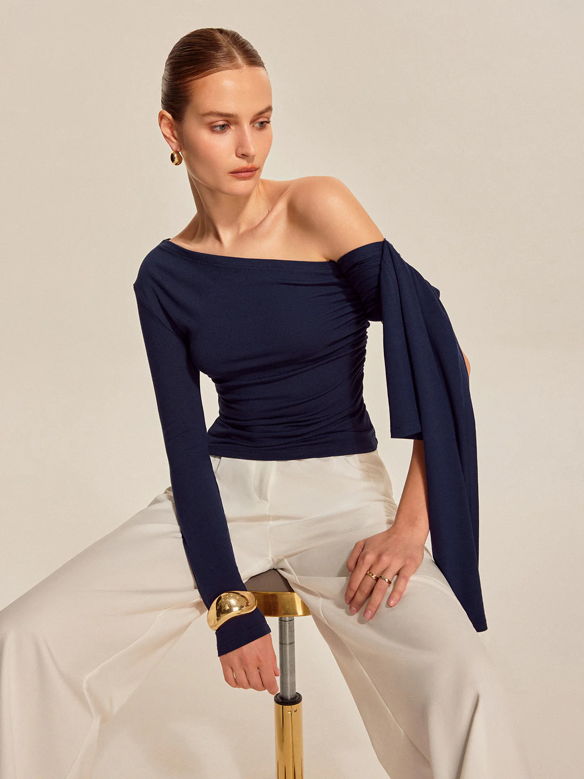 Asymmetrical Draped Sleeve Top - Takermore