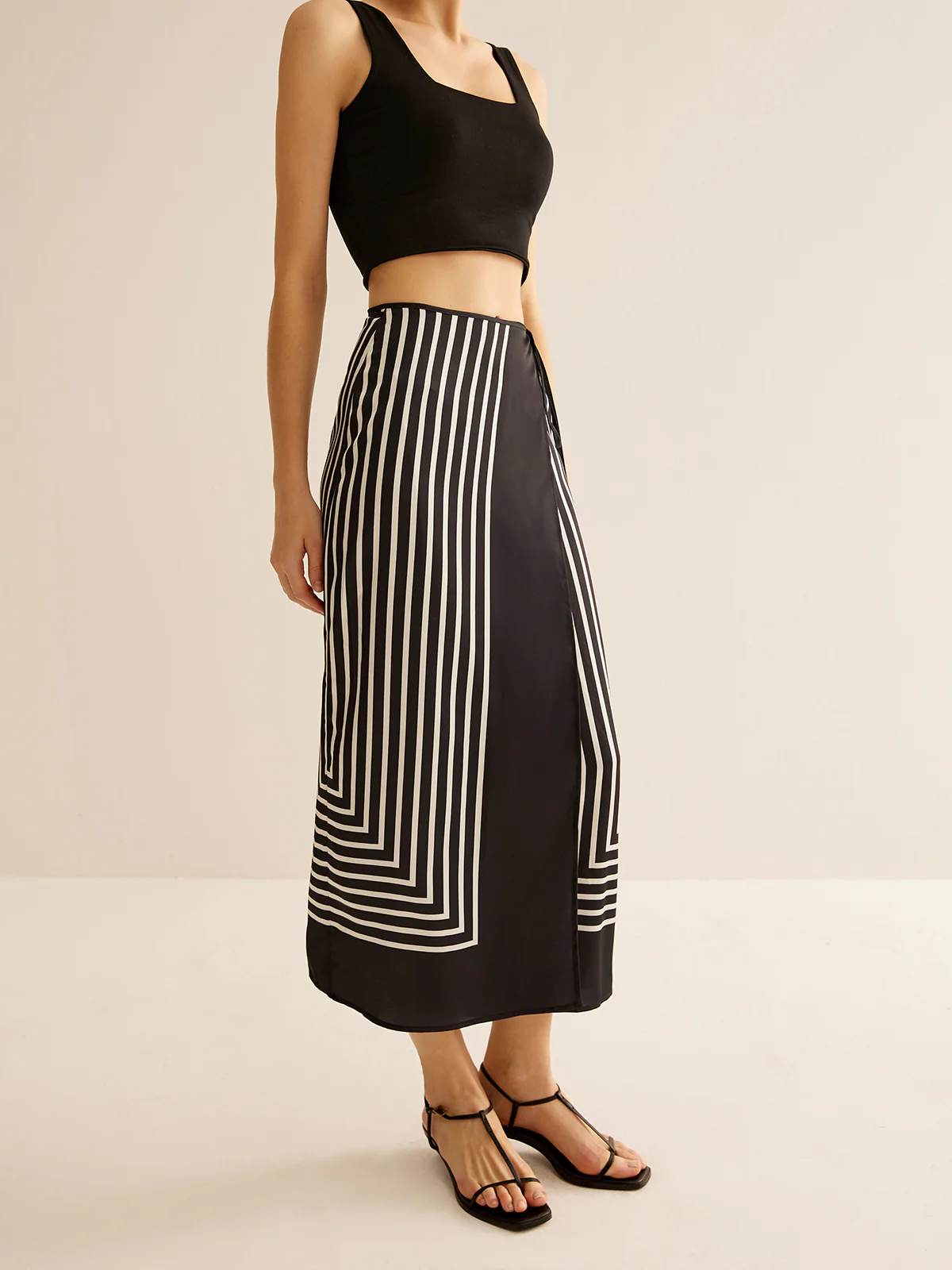 Geometric Pinstripe Satin Wrap Tie Skirt - Takermore